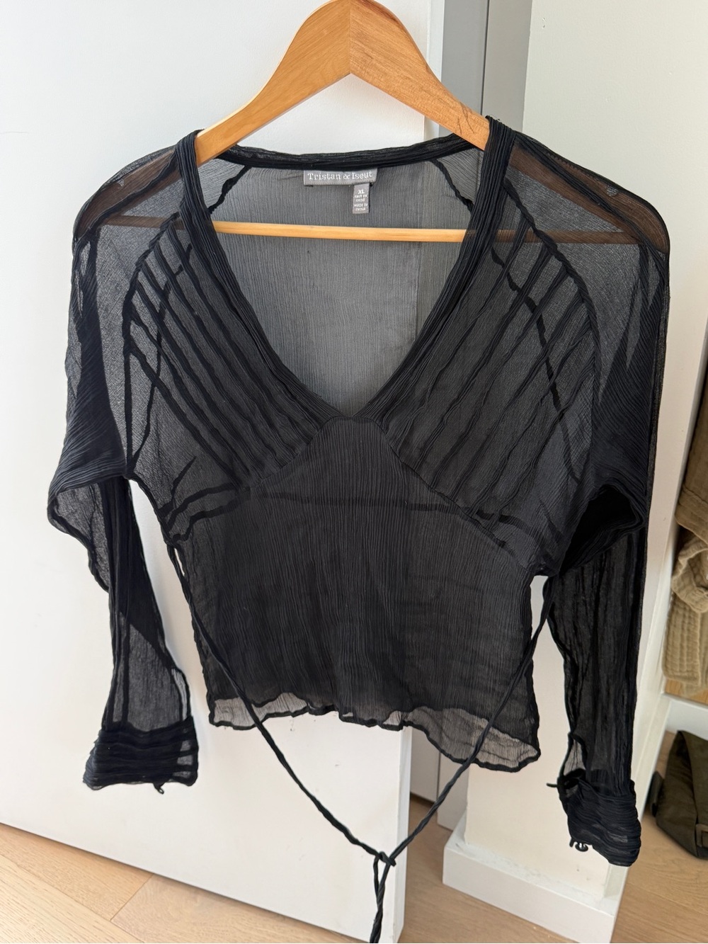 Black Sheer V-Neck Tie-Waist Top